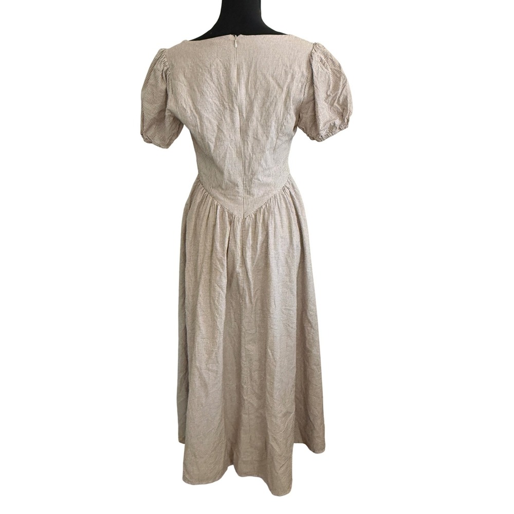 Tea n Rose Womens Cottagecore Tan Gingham Midi Dress Small Farmcore Peasant - Picture 3 of 8
